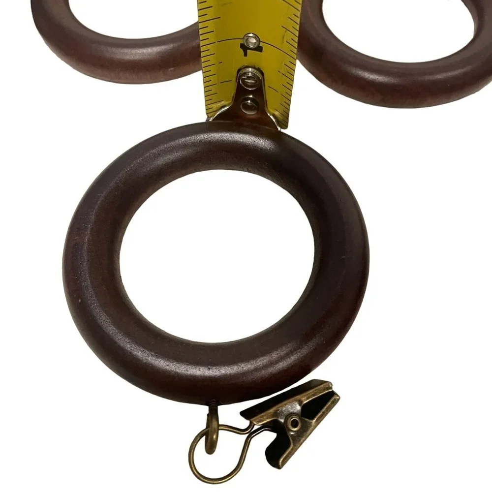 Vintage MCM Large Round Wooden Curtain Rod Drapery Rings Eye Hooks Lot of 13